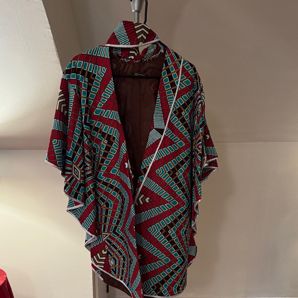 Geometric Kimono Jacket in Burgundy, Teal & Brown